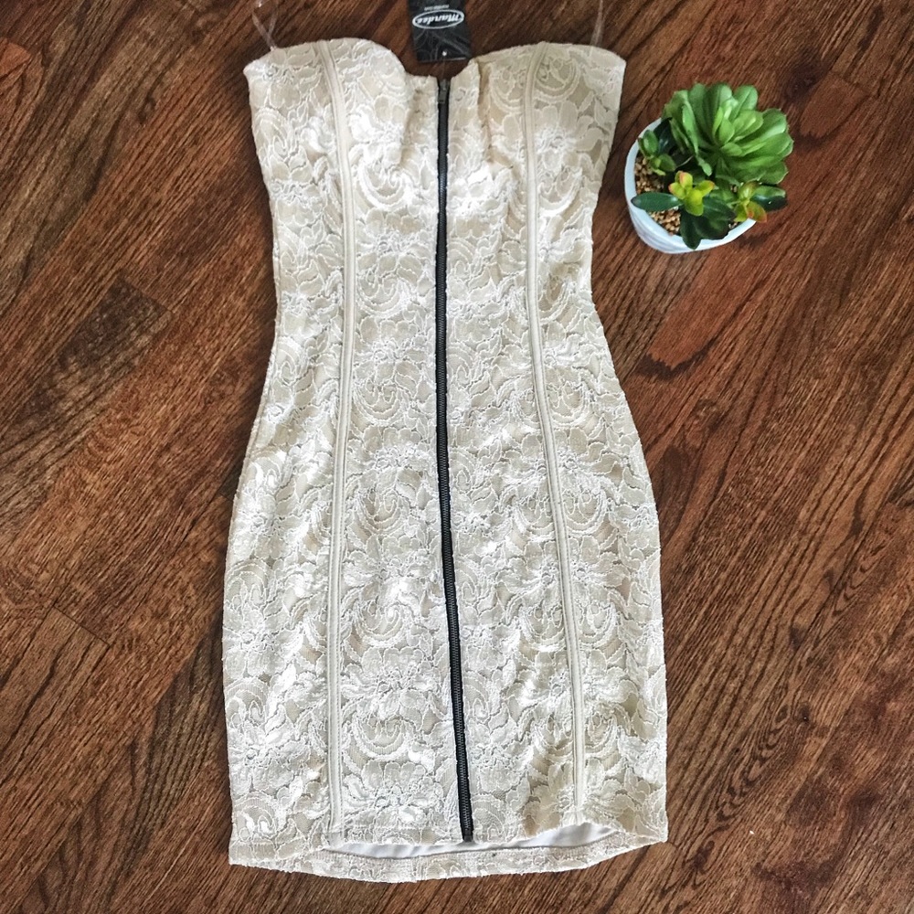 Mandees tube top beige lace zipper dress SMALL